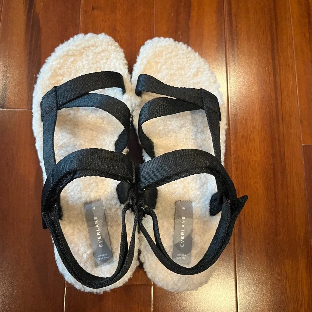 Everlane Teddy Sherpa‎ Sandal ReNew Black Cream Strappy Shoes New Women Size 8